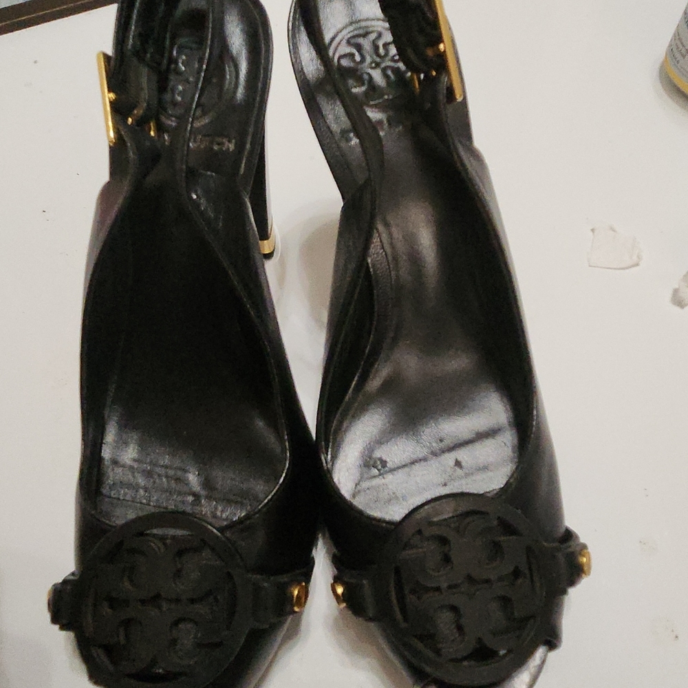 Tory Burch Black Leather Platform Heel Peep Toe Sandals Women Size 7M